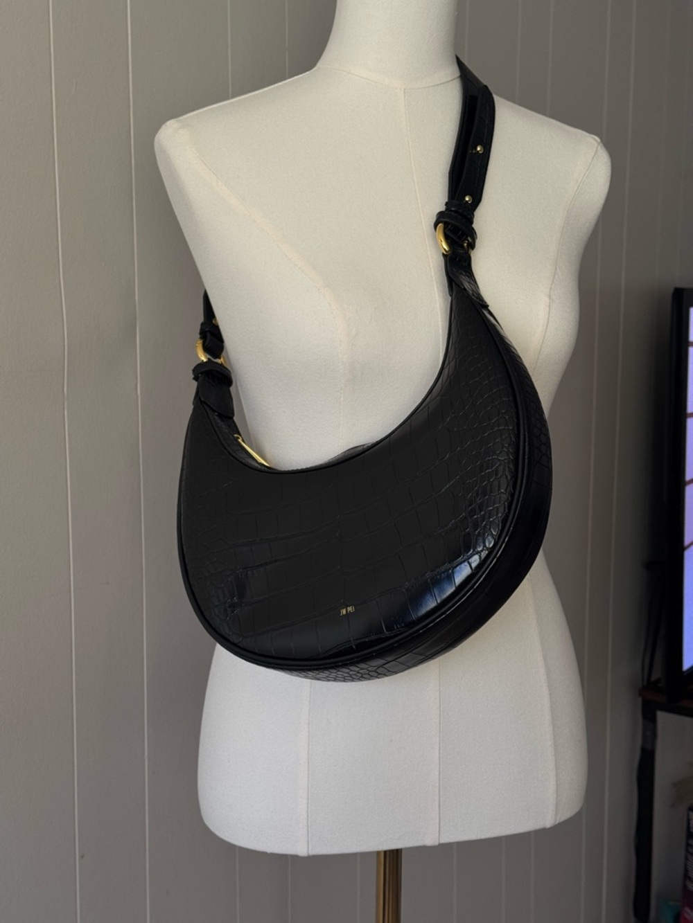 JW PEI Sleek Black Croc-Embossed Crescent Shoulder Bag